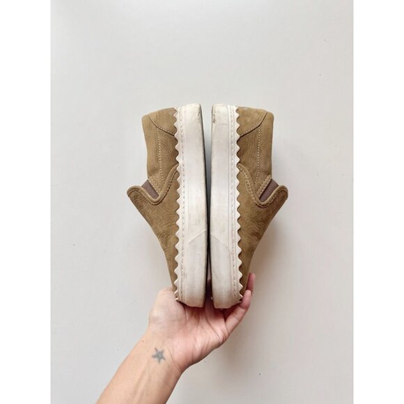 CHLOE Lauren Olive Green Nubuck Leather Scalloped Slip On Sneakers, Size 35 - Picture 12 of 16